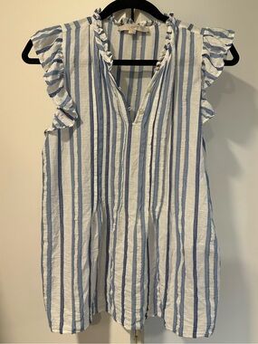 LOFT Blue & White Striped Ruffle Sleeve Tunic feminine flutter sleeves
